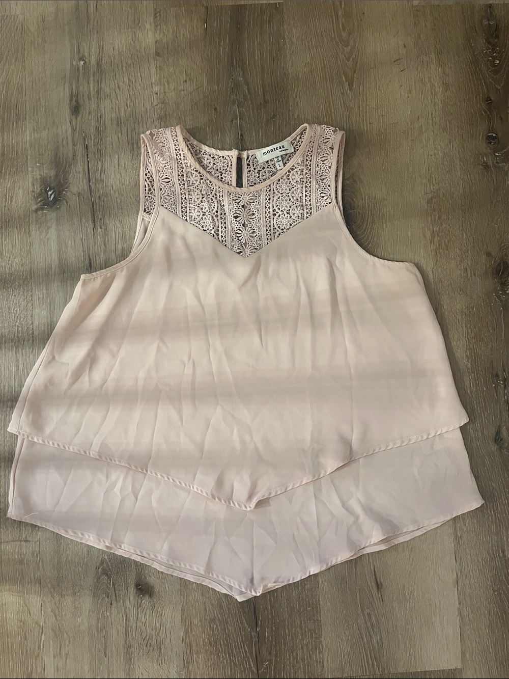 Monteau Blush Pink Lace Yoke Layered Chiffon Tank